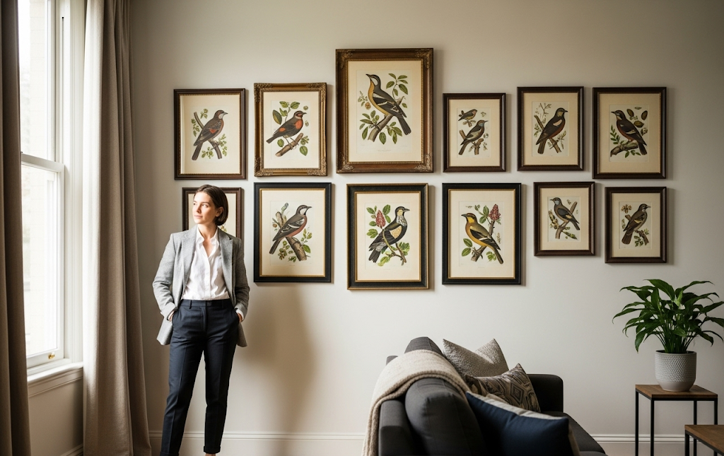 antique bird print wall