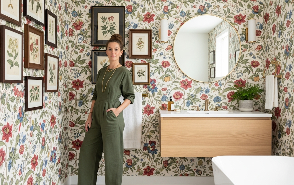 vintage bathroom floral wall